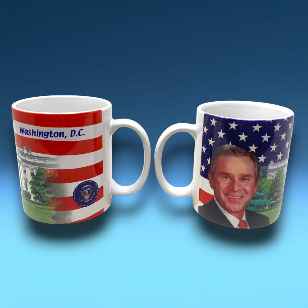 Lot 2 x Vintage 2001 NEW Collectible President George W. Bush Coffee Mugs 11 oz
